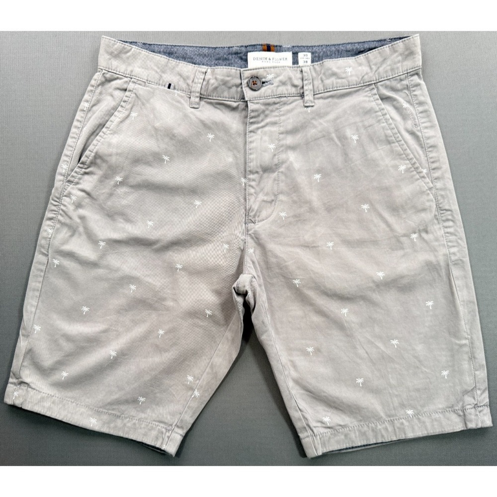 Denim & Flower Ricky Singh Shorts Mens 30 Grey Palm Tree Embroidered Stretch 9"